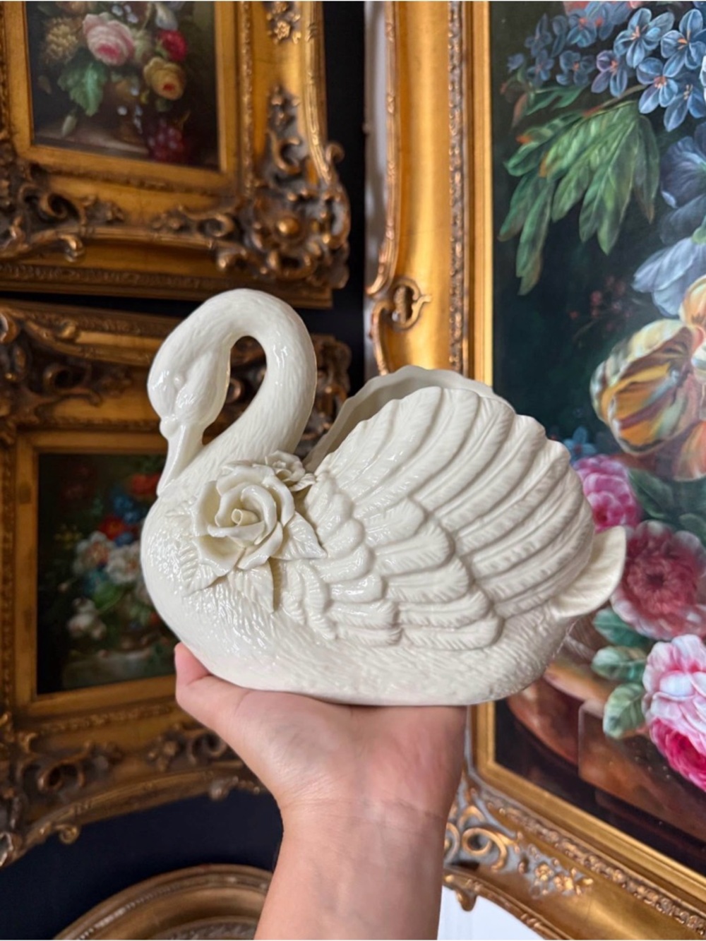 Unique Vintage Cream Ceramic Swan Planter with Rose Detail